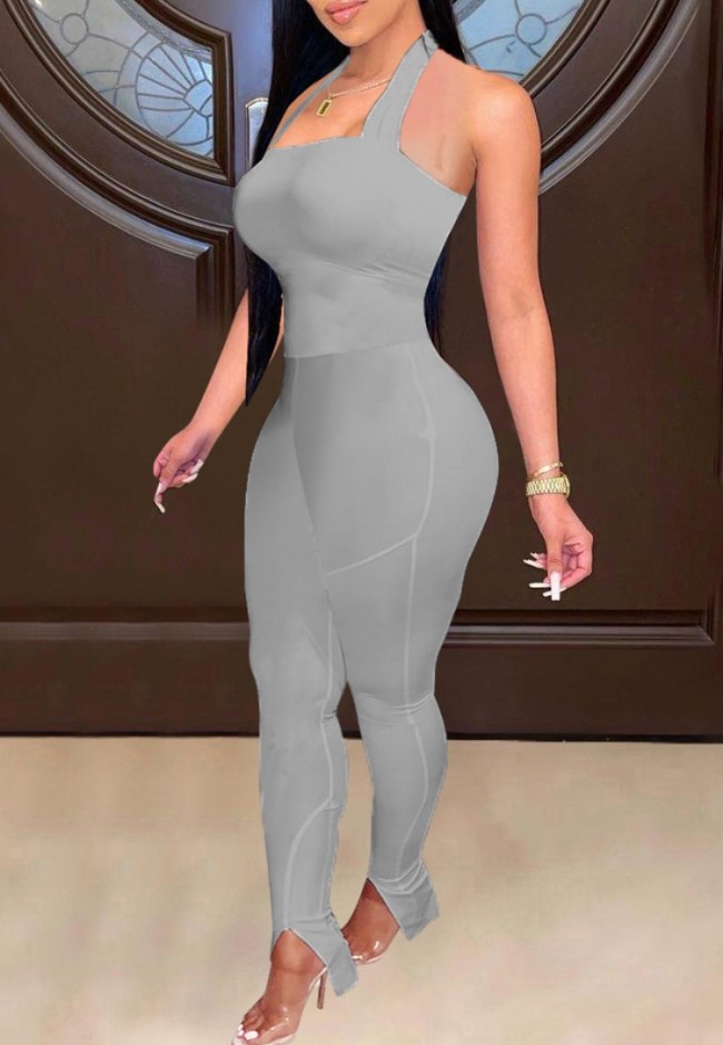 Grey Slit Bottom Halter Sexy Tight Jumpsuit