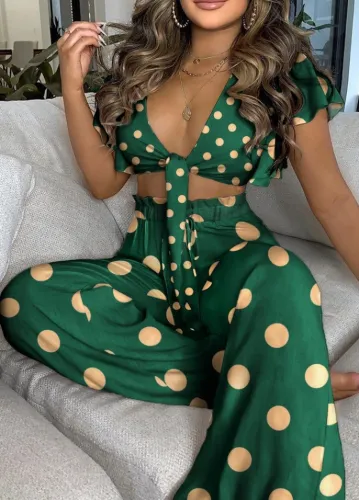 Leisure Polka Green Tie Front Crop Top and High Waist Wide Leg Pants 2PCS Set