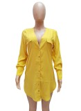 Yellow Long Sleeve Deep V Curve Hem Blouse Dress