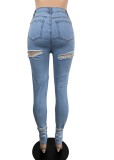 Blue Hollow Out Ripped Holes Tight Jeans