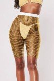 Rhinestone Yellow Fishnet High Waist Shorts Cover Up