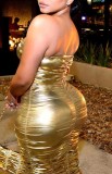 Golden Metallic Sexy Ruched Strapless Bodycon Midi Dress