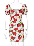 Red and White Floral Mini Puff Sleeve Short Dress