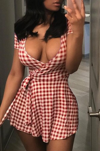 Red Plaid Print Wrapped Sexy Short Sleeve Skater Dress