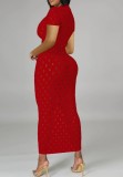 Red Hollow-Out Short Sleeve Long Curvy Dress