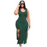 Army Green Slit Long Top and Pants Two Piece Set