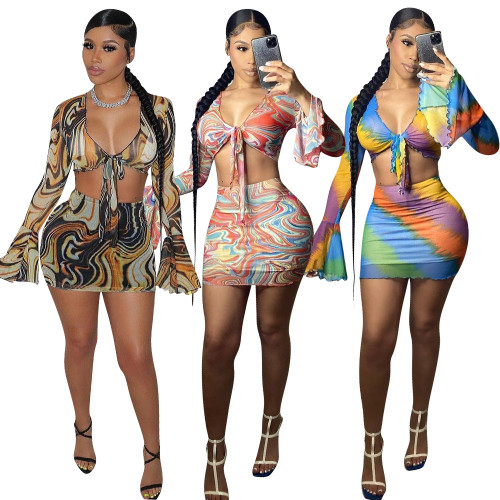 Print Mesh Flare Cuff Crop Top and Skirt Two Piece Outfits