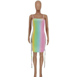 Gradient Colorful Drawstring Short Cami Dress