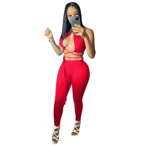 Red Halter Wrap Around Sexy Two Piece Pants Set