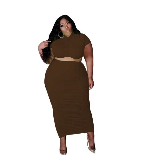 Plus Size Short Sleeve Crop Top and Long Skirt Ruched 2PCS Set
