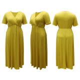 Plus Size Yellow Short Sleeve Elastic Waist Maxi Dress