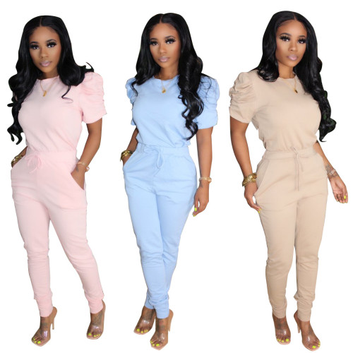 Solid Pink Puff Sleeve Tee and Shorts Two Piece Set