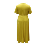 Plus Size Yellow Short Sleeve Elastic Waist Maxi Dress