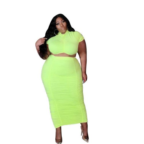 Plus Size Short Sleeve Crop Top and Long Skirt Ruched 2PCS Set