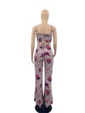 Leopard & Butterfly Print Crop Top and Flare Pants 2PCS Set