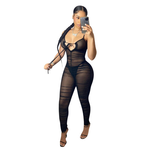 Black Ruched Mesh Sexy Bodycon Club Jumpsuit