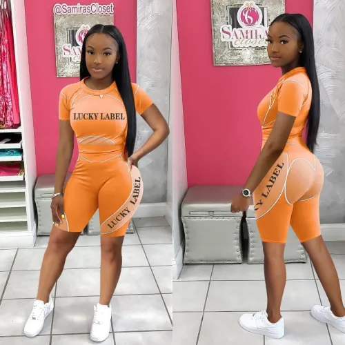 Orange Print Sporrts Two Piece Shorts Set