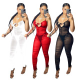 White Ruched Mesh Sexy Bodycon Club Jumpsuit