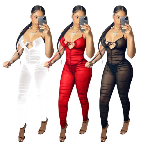 Red Ruched Mesh Sexy Bodycon Club Jumpsuit