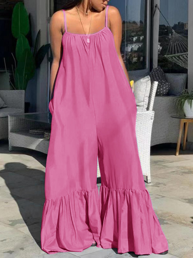 Plus Size Strap Loose Ruffle Solid Pink Jumpsuit