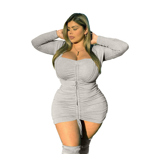 Plus Size Gray Long Sleeve Ruched Drawstrings Bodycon Dress