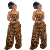 Leopard Bandeau Top and Wide Leg Pants Matching Set