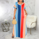 Plus Size Rainbow Striped Short Sleeve Slit Casual Maxi Dress
