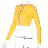 Yellow Lace Up Long Sleeve Sexy Crop Top
