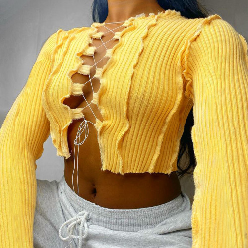 Yellow Lace Up Long Sleeve Sexy Crop Top