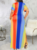 Plus Size Colorful Striped Short Sleeve Slit Casual Maxi Dress