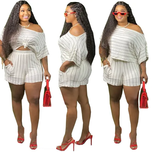Plus Size Dark Blue Stripes Tee and Shorts Two Piece Set