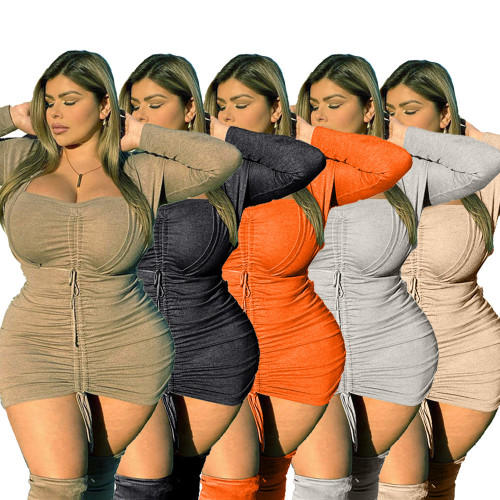 Plus Size Long Sleeve Ruched Drawstrings Bodycon Dress