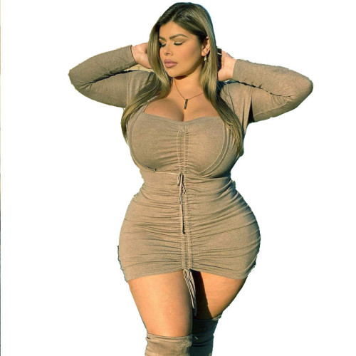 Plus Size Long Sleeve Ruched Drawstrings Bodycon Dress