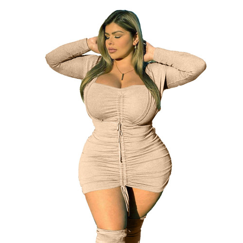 Plus Size Long Sleeve Ruched Drawstrings Bodycon Dress