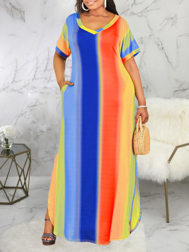 Plus Size Rainbow Striped Short Sleeve Slit Casual Maxi Dress