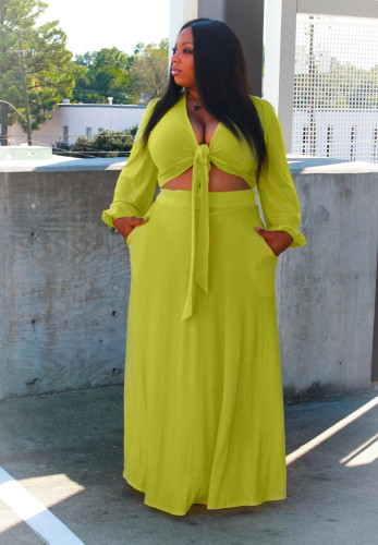 Plus Size Neon Long Sleeve Crop Top and Skirt 2PCS Set