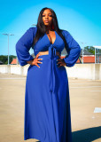 Plus Size Blue Long Sleeve Crop Top and Skirt 2PCS Set