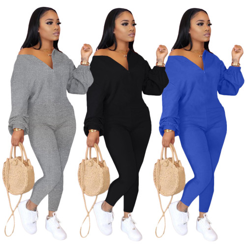 Puff Sleeve Zip Front Gray  Long SLeeve Sexy Jumpsuit