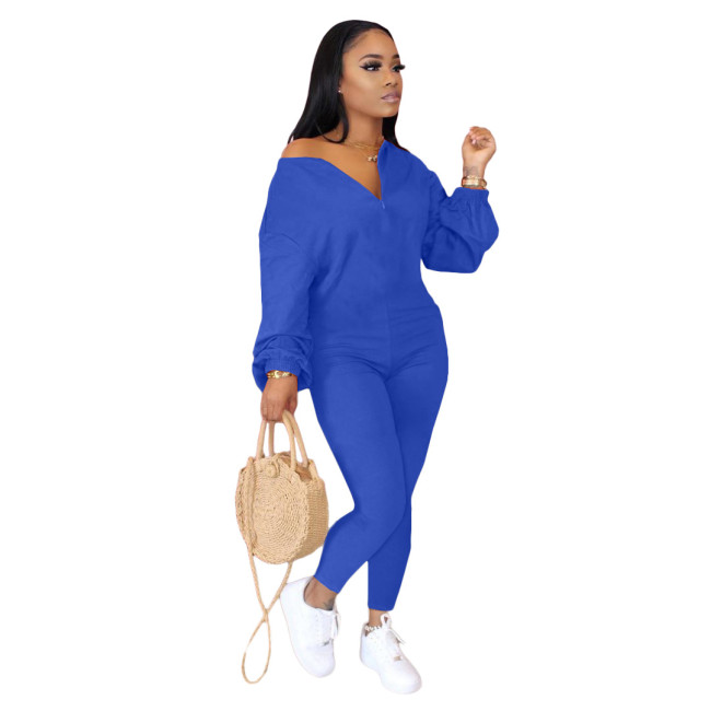 Puff Sleeve Zip Front Blue Long SLeeve Sexy Jumpsuit