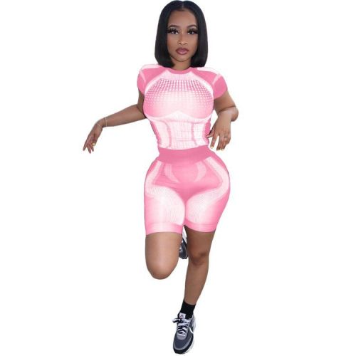 Print Pink Sports Fitted Two Piece Shorts Set