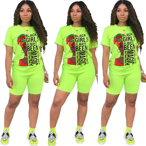 Character Green Print Matching Two Piece Shorts Set