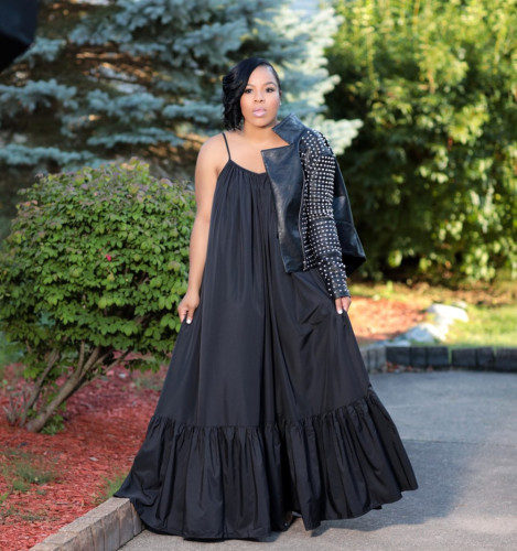 Plus Size Sexy Strap Black Solid Ruffle Loose Maxi Dress