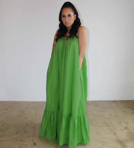Plus Size Sexy Strap Green Ruffle Loose Maxi Dress