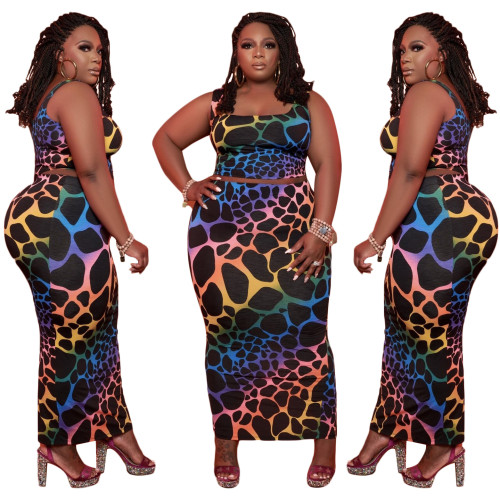 Plus Size Colorful Print Tank Crop Top and High Waist Long Skirt Set