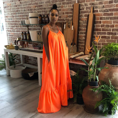 Plus Size Sexy Strap Orange Ruffle Loose Maxi Dress