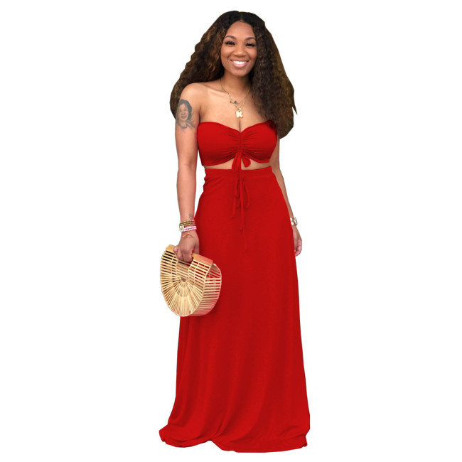 Red Sexy Drawstrings Bandeau Top and Long Skirt 2PCS Set