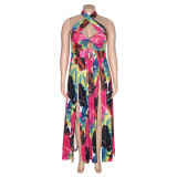 Plus Size Leaf Print Halter High Slit Maxi Dress