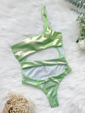 Green Metallic One Shoulder Cutout Sexy One Piece Swimsuit