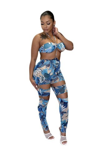 Floral Blue Print Cut Out  O-Rings Backless Sexy Halter Jumpsuit