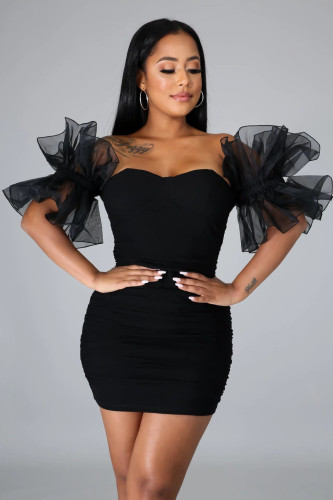 Black Ruched Ruffle Off Shoulder Bodycon Dress